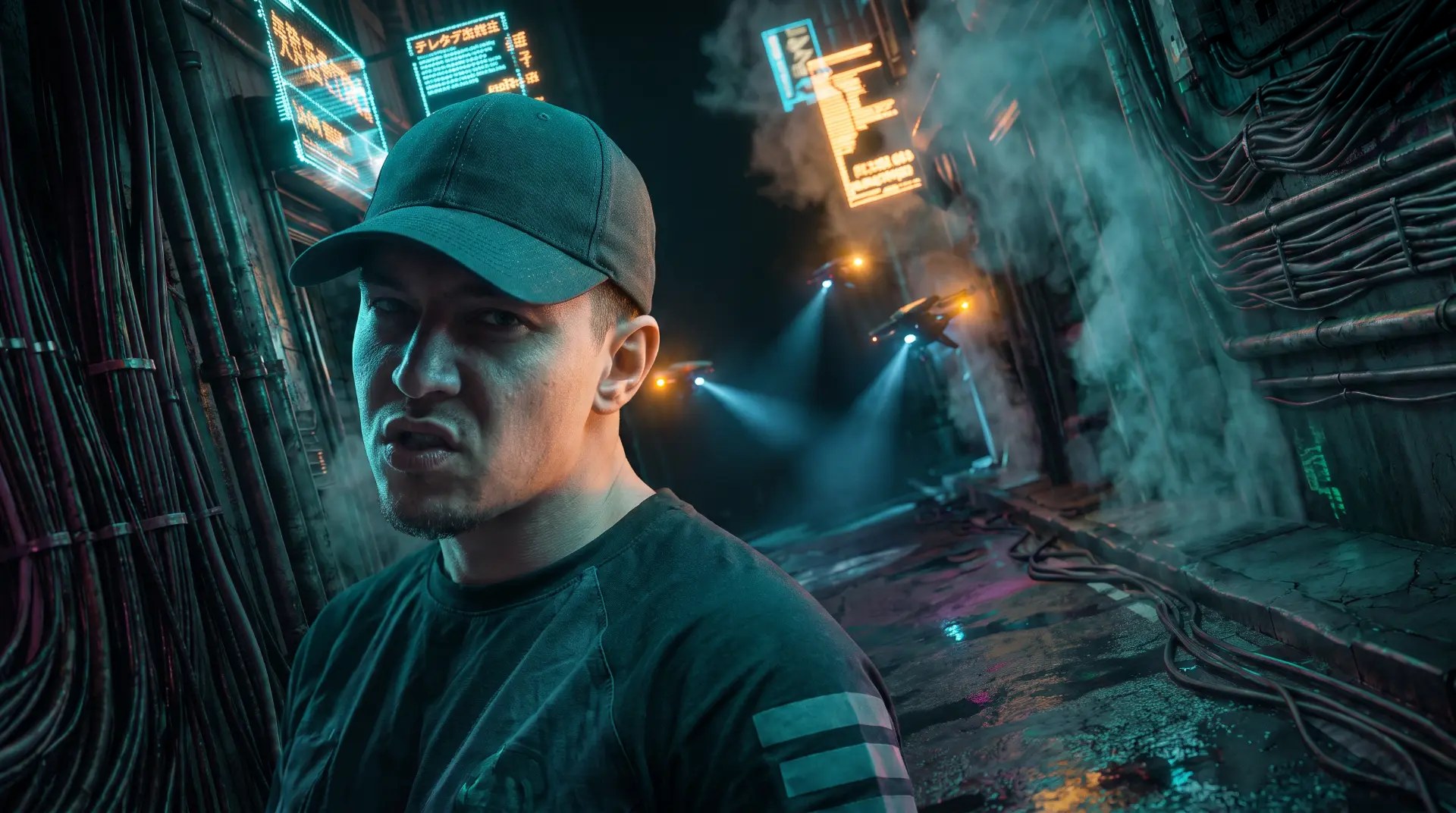 Blade X in a neon cyberpunk alley under drone spotlights