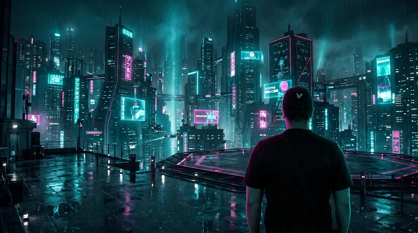 Blade X from behind, looking out over a rain-soaked neon cyberpunk city from a rooftop