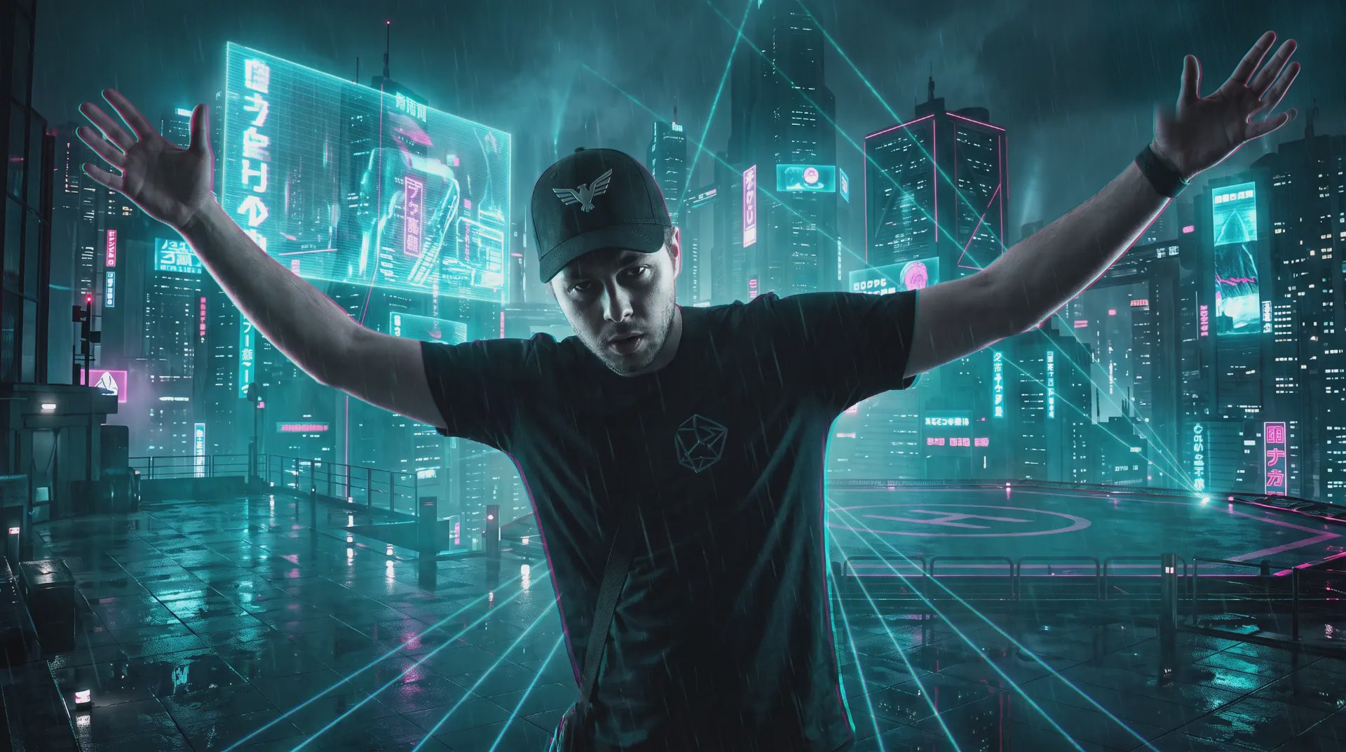 Blade X arms wide on a rain-soaked rooftop helipad above a neon cyberpunk city